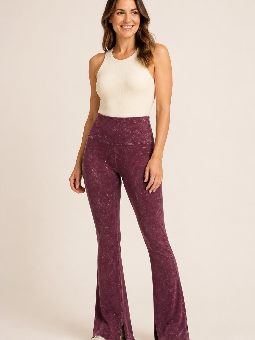 PINK Victoria's Secret Plum Mineral Wash Flare Leggings with bottom slit.